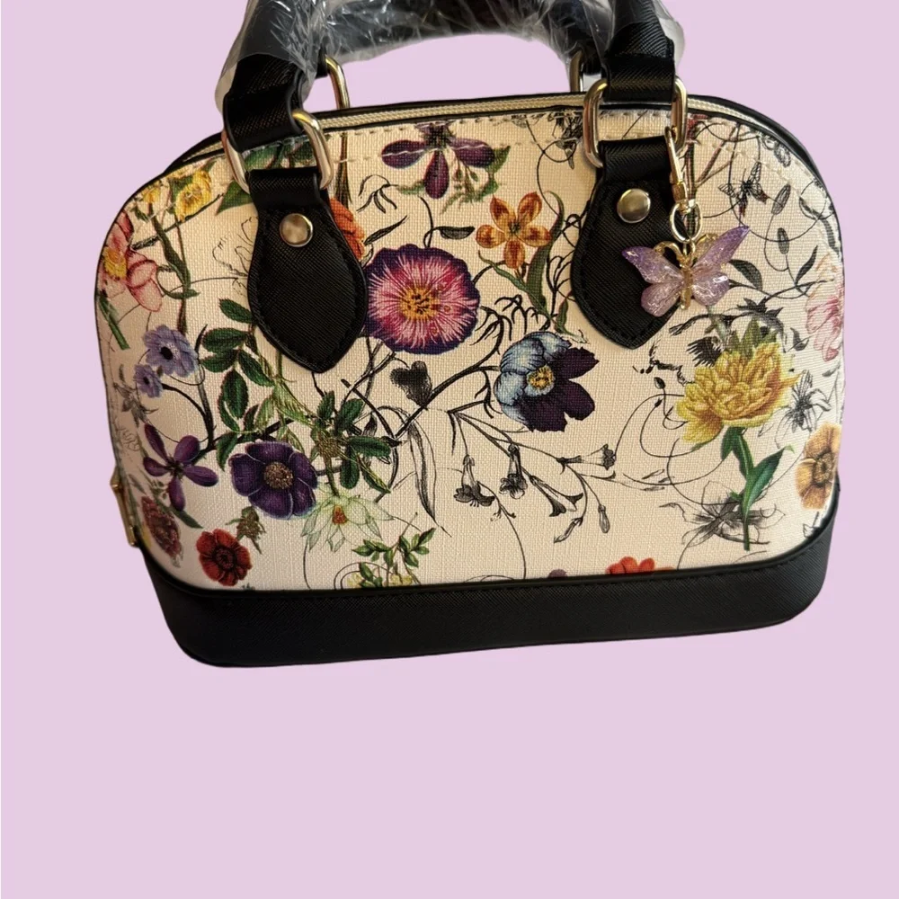 NWOT Floral Dome Satchel Handbag w/ Butterfly Charm Cream Black Structured Purse
